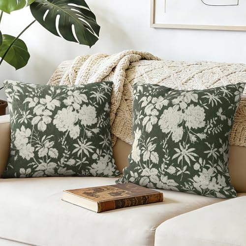 Joymaison Kissenbezüge 45x45 2er Set Vintage Sommer Blumen Blätter Jacquard | Deko Kissenhülle Frühling Blatt Weiche Chenille Landhausstil Rustikales Dekorative Kissenbezug Kissen für Couch Sofa