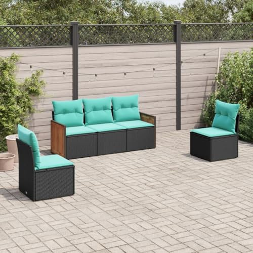 QUAHEAS 5-teiliges Gartensofa-Set, schwarzes Polyrattan mit blauen Kissen, modulares Lounge-Möbel für Terrasse, Balkon, Garten, UV-beständig, pflegeleicht