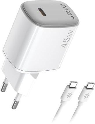 Celly USB-C-Wandladegerät 45 W mit GAN-Technologie + USB-C-zu-USB-C-Kabel, 2 m, Schnellladung für Smartphones, Tablets und Laptops