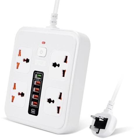 Universal Power Strip UK, 4 Way Multi Outlets with 1 PD 20W USB-C + 1 QC3.0 USB-A + 4 USB-A, Overload Protected Extension Lead with Master Switch, Wall Mounted Extension Socket for Home Office Kitchen