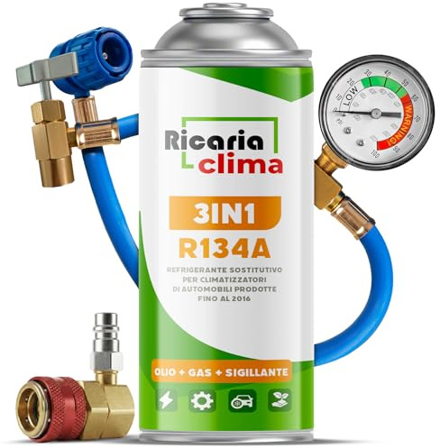 Ricaria Clima 3-in-1 – Gas refrigerante R134a di sostituzione per climatizzatori auto con sigillante e olio – Set 1x235 g Bottiglia – Camper – Tubo + Adattatore HP/LP – ECO