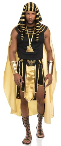 Kfsghdnz Men Egyptian King Halloween Fancy Dress Up Golden Trim Tank Top Skirt with Arm Sleeves Headwear Necklace 7 Piece Outfit (Black A, S)
