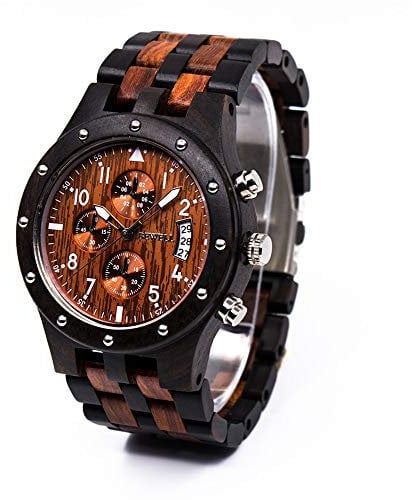 BEWELL Herren Natur Hölzerne Uhr Multifunktionale Quartz Analog Armbanduhr mit Kalender Anzeige Chronograph-Funktion Hölzerne Armband für Männer(Ebenholz und Rotes Sandelholz)