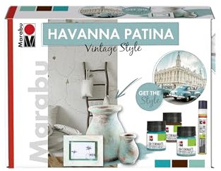 Marabu 1272000000080 - Acryl Patinaeffektfarbe im Set, Havanna Vintage Style, auf Wasserbasis, lichtecht, wetterfest, schnell trocknend, 3 x 50 ml Farbe, Metallic Liner, Schwamm und Pinsel