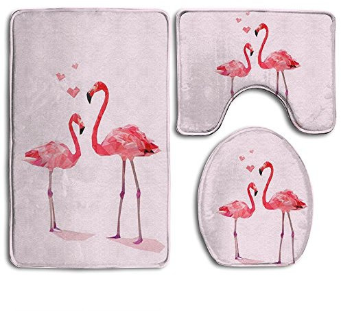 RedBeans Bath Mat,3 Piece Bathroom Rug Set,Pink Flamingo Flannel Non Slip Toilet Seat Cover Set,Large Contour Mat,Lid Cover For Men/Women