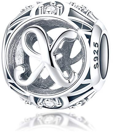 FOREVER QUEEN Alphabet Buchstabe X Charm Bead mit klaren Zirkonia kompatibel für europäische Armbänder 925 Silber Sterling Charm Anhänger,BJ09121-X MEHRWEG