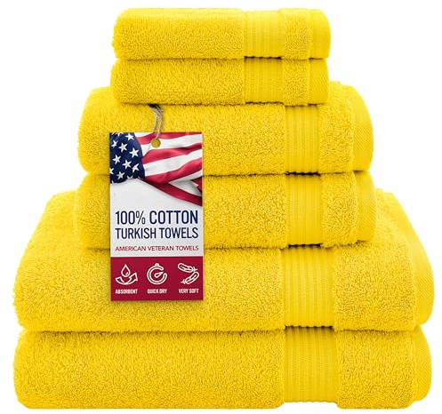 American Veteran Towel, 100% Cotton Turkish 6 Piece Towel Set, Luxury Towels Set of 6 for Bathroom Essentials, 2 Bath Towels 2 Hand Towels 2 Washcloths, Yellow