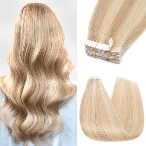 Silk-co Tape Extensions Echthaar 10stk, Remy Tape in Extensions Haarverlängerung, Skin Weft Echthaar Haarextensions Tape Kleber 20g, 18P613# Graublond mix Bleichblond 30cm