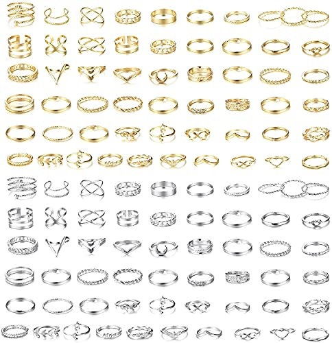 Milacolato 112pcs Boho Ringe Set Knöchelringe Vintage Kristallgelenk Knöchelring Set für Damen