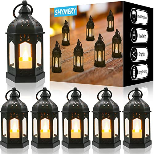 SHYMERY Mini Lantern with Flickering LED Candles,Vintage Black Decorative Hanging Candle Lanterns for Halloween,Wedding Decorations,Christmas,Table Centerpiece,Battery Included(Set of 6)