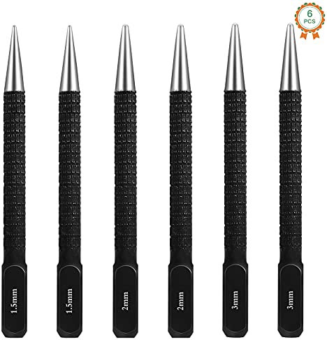 6 PCS Centre Punch Set Positioning Punch Set Strong Steel Nail Punch Prevent Drill Bit from Slipping Heavy Duty Impact Positioning Punch for Metal Wood Glass(1.5/2/3mm)