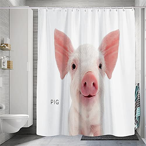 Hiseng Wasserdichter Duschvorhang,3D Tier Polyester Waschbar Badezimmer Vorhangmit 8 Duschvorhängeringen, Dauerhaft Vorhang Badezimmer (Schwein,165 x 180cm)
