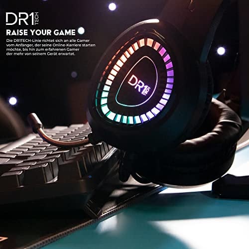 DR1TECH FireScout Cuffie da Gaming LED con Filo e Microfono per PC - Cuffie Over Ear Driver 40mm con Audio Stereo - USB e Doppio Jack + Adattatore incluso [Amazon Exclusive]