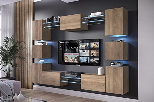 Furnitech Wohnwand Wohnzimmer | Wohnzimmer Möbel mit LED Blau | Hängend Wohnwand Modern | Wohnzimmer Schrankwand mit Regale und TV Schrank (AN36N-21S-M5)