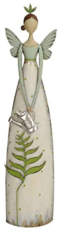 Posiwio große dekorative nostalgische Dekofigur Elfe mit silberfarbiger Gießkanne und grünem Farn Metall weiß-grün von Hand bemalt