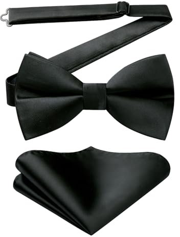 HISDERN Noeud Papillon Homme Noir Reglable Noeud Papillon avec Pochette Couleur Unie pour Mariage Fete