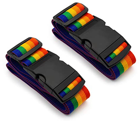 MyGadget 2X Stück Koffergurte Set - 100 cm bis 180 cm einstellbar - stabiles und auffälliges Kofferband - ideal über Kreuz nutzbar - in Regenbogen