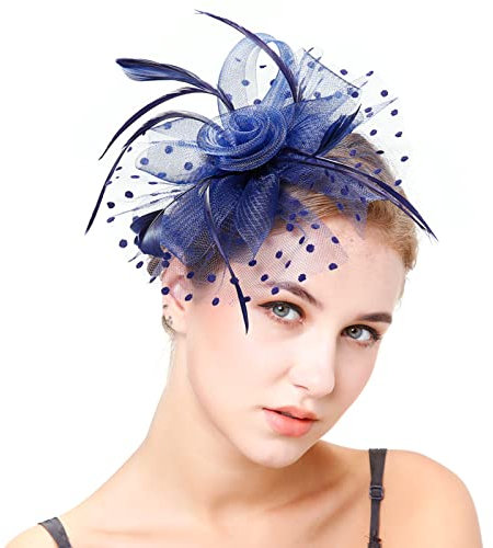Damen Fascinator Hut Gefieder Stirnband Fascinator Blumen Netz Spitzen Clip Hut Feder Haarschmuck Kopfbedeckung für Party Kirche Hochzeit Cocktail Jockey Club Fascinator Navy Blau