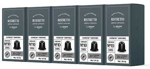 by Amazon Capsules de café en aluminium Ristretto compatibles avec Nespresso, torréfaction moyennement poussée, 100 Pièces, 5 lot de 20 - Certifié Rainforest Alliance
