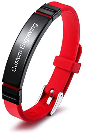 INBLUE Bracciale con Targhetta Personalizzata Nome/Citazione Targhetta in Acciaio Inossidabile Bracciale Regolabile in Silicone per Uomo Donna (Cinturino Rosso e Etichetta Nera)