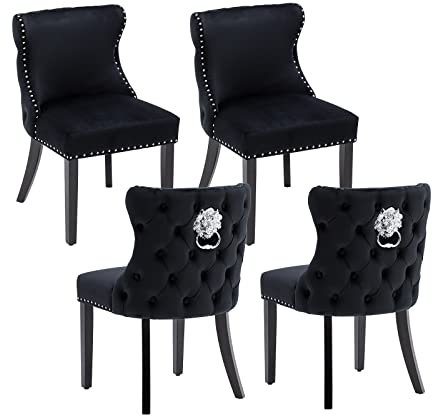 chairus Samt Esszimmerstühle 4er Set Küchenstühle Gepolstert für Wohnzimmer Armlos Polsterstuhl mit Holzbeinen (Schwarz-4)