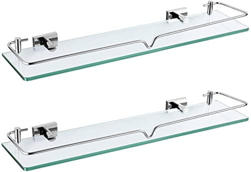 AKAZI 2er-Pack Badezimmer-Glasregal, Wandregal aus gehärtetem Glas mit Führung, Kupfer-Duschregal, Küchen-Aufbewahrungs-Organizer
