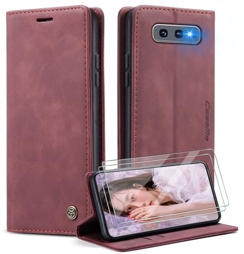Caseme Coque pour Samsung Galaxy S10e + 2 Pièces Verre Trempé,Etui Protection Housse Premium en Cuir PU, [Emplacements Cartes], Pochette Flip Case - Rouge