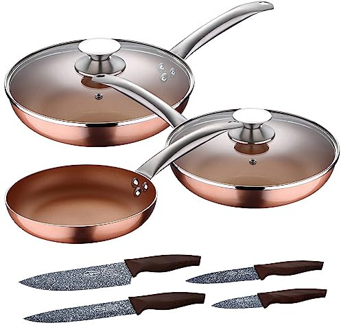 San Ignacio Set 5pc sartenes 20,24,28 cm (con tapa) aluminio prensado inducción con Set 4pc cuchillos acero inoxidable