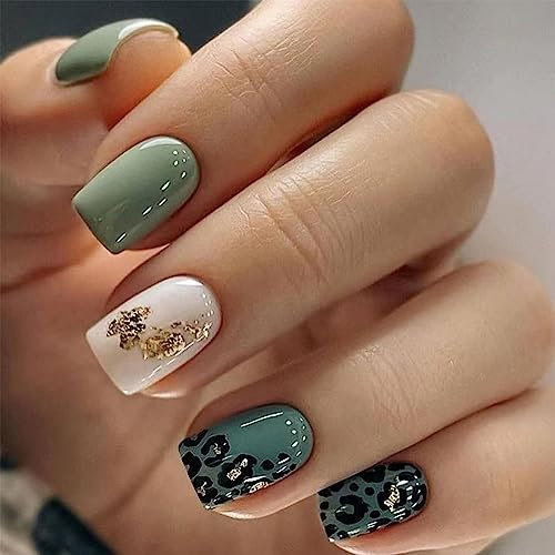 TMUT 24pcs Short Square False Nails Green Nude Stick on Nails Gold Foil Leopard Print Press on Nail Removable Glue on Fake Nail Art Accessories for Women, 12 Sizes Assorted