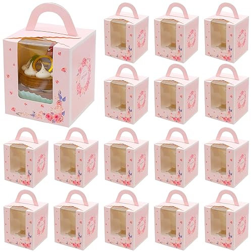 25 Pieces Individual Cupcake Boxes, Pink Cupcake Boxes Single Cake Box with Clear Window for Birthday Wedding Parties