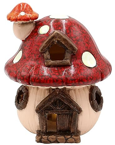 Dekohelden24 Keramik Pilzhaus - Feenhaus in dunkelrot mit LED, L/B/H 16 x 16 x 18 cm.