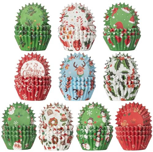 GROBRO7 600Pcs Xmas Mini Cupcake Liners, Fettdichtes Paper Backen Tassen Muffin Cases Wrapper Kuchen Fälle Grün Rot für Weihnachten Winter Urlaub Neujahr Party Supplies Dessert Backen Dekorationen