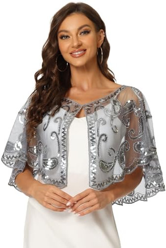 Allegra K Damen Pailletten Bolero Perlen Abendmode Party Durchsichtig Jacke Grau M