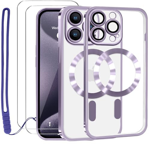 Lafunda Coque pour iPhone 15 avec 2×Verre Trempé et Caméra Protecteur Coque Compatible avec MagSafe Magnétique pour iPhone 15 Film Protection D'écran Transparente Aimantée Violet