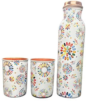 Marusthali Indische Kupfer-Wasserflasche, 1 Liter, reine Kupferflasche, 34 Unzen, extra große ayurvedische Kupferflaschen, Blumendruck, Kupferwasserflasche (Ballon-Design mit Becher)