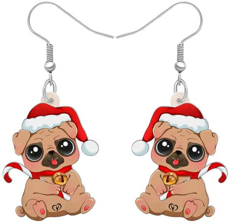 DALANE Weihnachten Acryl Mops Hund Ohrringe Baumeln Tropfen Zuckerstange Welpe Haustiere Schmuck Geschenke für Frauen Damen Mädchen Mops Liebhaber (Braun)