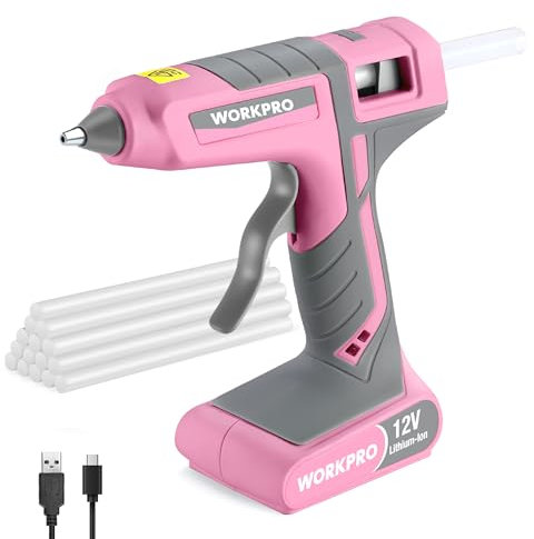 WORKPRO Cordless Glue Gun 12V, Rechargeable Fast Preheating Hot Glue Gun Kit with 15pcs Full Size Glue Sticks(11x200mm) Battery Powered Glue Gun for DIY Project, Art, Craft - Pink