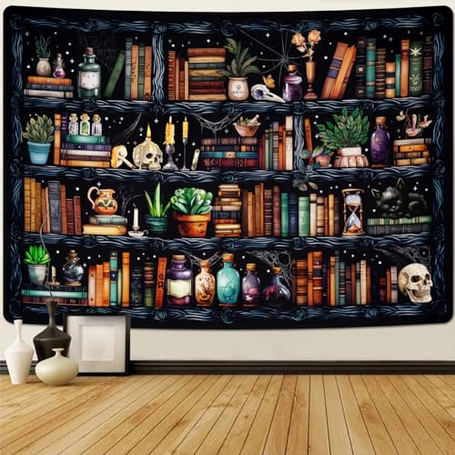 Uspring Wandteppich mit magischem Buch, Gothic-Totenkopf-Design, Vintage, botanisch, schwarze Katze, Wandbehang für Schlafzimmer, Heimdekoration (180 x 235 cm)