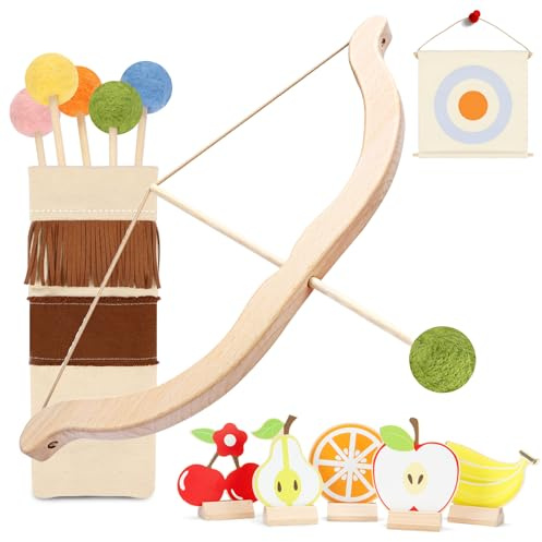 Tislly Wooden Kids Bow and Arrow Set - Safe for Ages 3+, Indoor & Outdoor Archery Gift Toys for Children, Boys & Girls, Includes 5 Arrows, 5 Fruit Targets, 1 Cotton Quiver