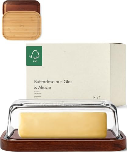 KIVY Butterdose Glas mit luftdichtem Deckel für streichzarte Butter - BPA Frei - Butterdosen - Butter dish - Butterschale mit Deckel - Butterdose mit Deckel - Butter Box Dose - Butterbox Akazie Holz