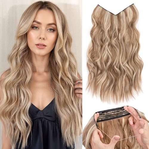 TESS Flip in Extensions 50 cm, Karamellbraun mit Aschblond Secrets Haare Extensions Gewellt 140g mit 4 Clips Extensions mit Band Synthetik Hair haarverlängerung mit Gummiband Mit Breitzinkigem Kamm