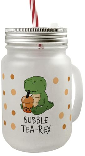 speecheese Bubble Tea-Rex Mason Jar Henkel Trinkglas mit Deckel mit T-Rex Tea-Rex Dinosaurier Motiv Perfekt für Kinder Kindergarten Schule Vorschule - Lustiges Getränkeglas