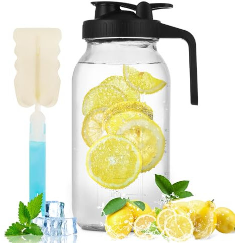2 Liter Glas Karaffe Krug mit Deckel und Auslauf, Wasserkaraffe, Glaskaraffe,Eistee Krug, Saft Krug, für hausgemachte Getränke/Eistee/Milch/Kaffee/Wein