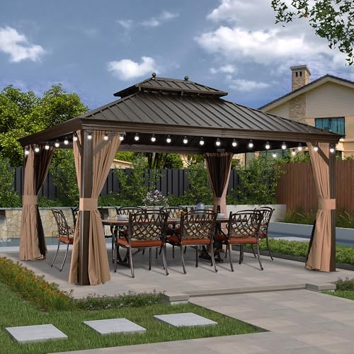 PURPLE LEAF Gartenpavillon 3.65 x 4.25 m Pavillon Wasserdicht Stabil Winterfest Alu Hardtop Pavillon mit Seitenteile 14.6 m 24 LED Lichterketten, Bronze