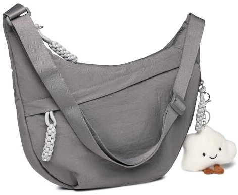 Micmores Crossbody Bag Damen Umhängetasche, Nylon Schultertasche Moon Bag Stylische Halbmond Tasche mit verstellbarer Schultergurt, Hobo Casual Handtasche für Arbeit, Reisen, Alltag(Grau)
