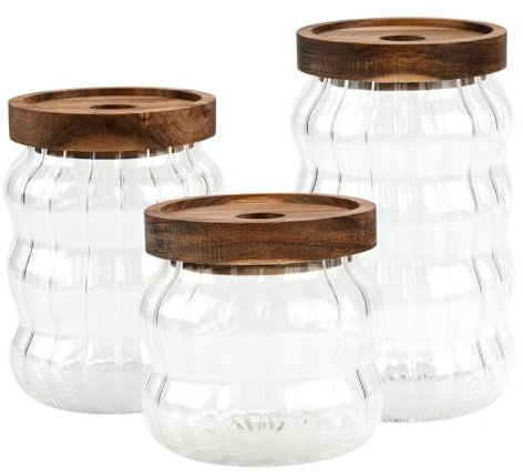 BSDLZCH 3-piece Set of Miscellaneous Grain Glass Storage Jars, Hammer Patterned Acacia Wood Lid Sealed Jars, Coffee Bean Storage Jars, Storage Bottles(340ml+550ml+700ml)