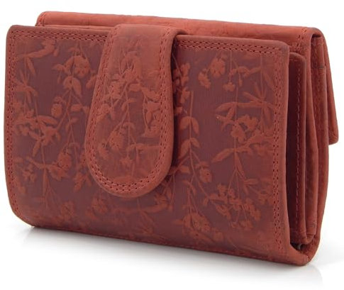 ekavale Frauen-Portemonnaie mit Blütenmuster, Leder Geldbörse für Damen mittelgroß, Riegelverschluss, RFID-Schutz (Rot)