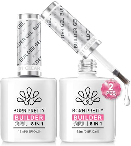 BORN PRETTY Builder Gel, 8-in-1 Builder Nail Gel Base Gel Strengthener Gel Builder Clear 2Pcs 15ml Hard Gel Nail Extension Gel Builder Gel in a Bottle for Nail Starter