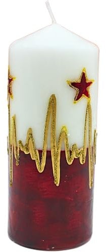 Edle Stumpenkerze, Tischkerze, Dekokerze, Wachskerze mit Weihnachtsmotiv, Weihnachtskerze als Stumpen Christstern, in weiß, rot und gold, H/Ø: ca. 17 x 6 cm.
