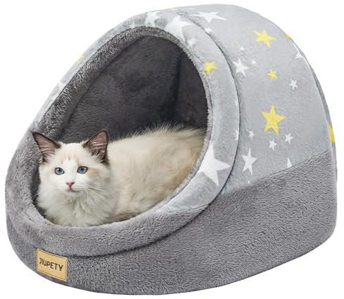 Jiupety Nettes Katzenhöhle, Katzenhaus Katzenkorb, Katzenbett mit rutschfestem Boden, Katzenkörbchen mit waschbare abnehmbare Kissen, M(41 cm x 41 cm x 33 cm), Gray
